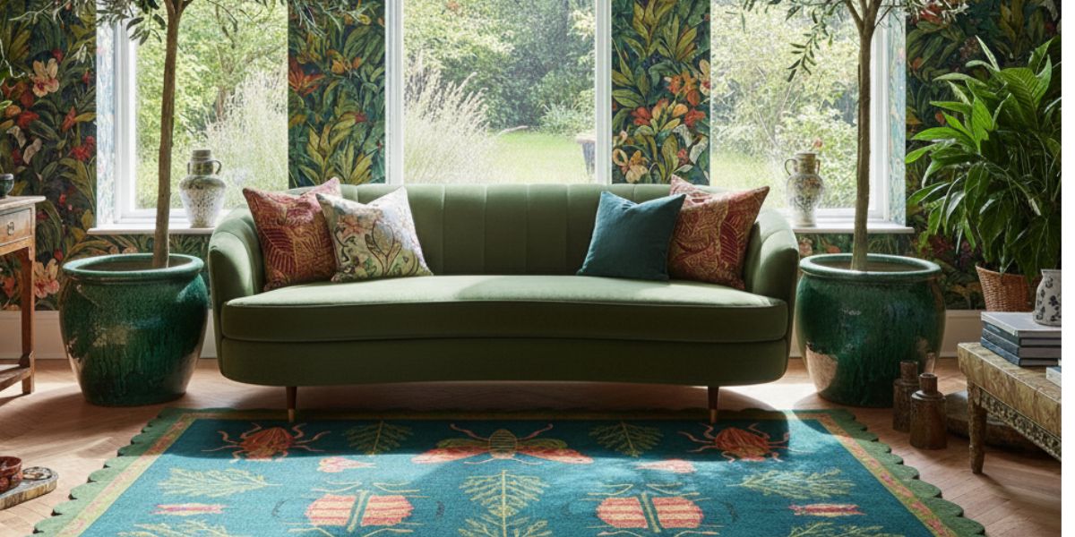 Maximalist living room interior featuring deep green walls, a classic stone fireplace, and a vibrant yellow velvet sofa—curated rug inspiration for The Designer Edit