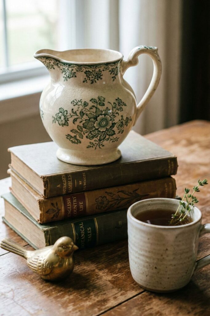 Detail of cozy cottagecore living room ideas featuring vintage ceramics and brass.