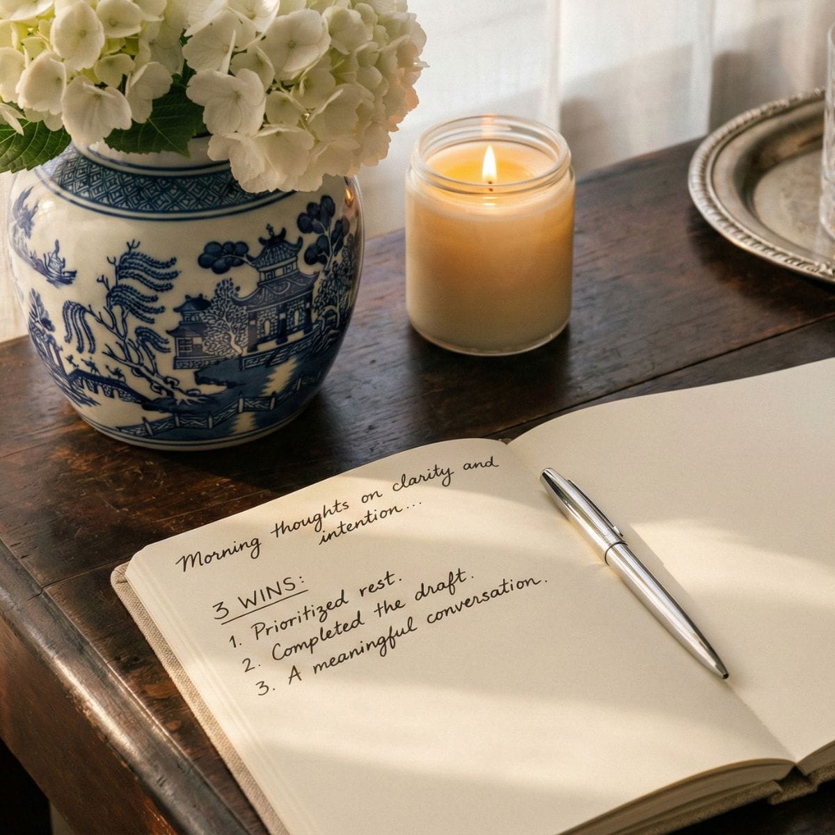 Mindful journaling for stress relief and self-worth on a dark wood desk with antique silver accents and a floral ginger jar.