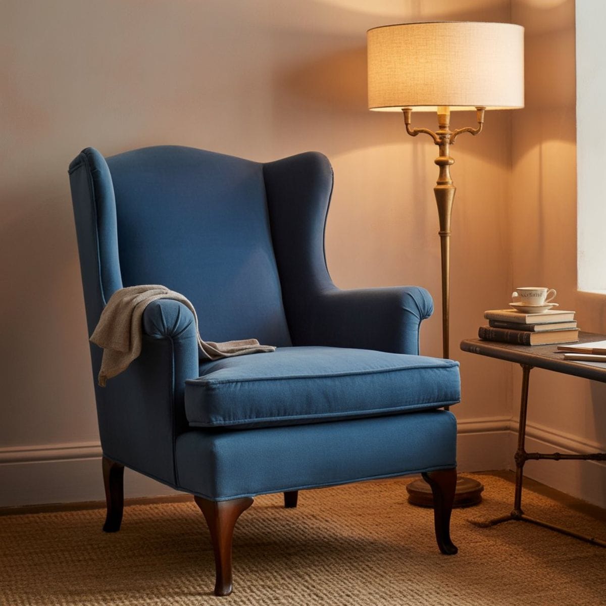 navy arm chair in a quiet corner nook