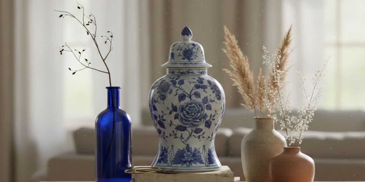 Blue and white ginger jar with cobalt bottle and beige bud vases on a wood table, spring vases decor for slow interiors.