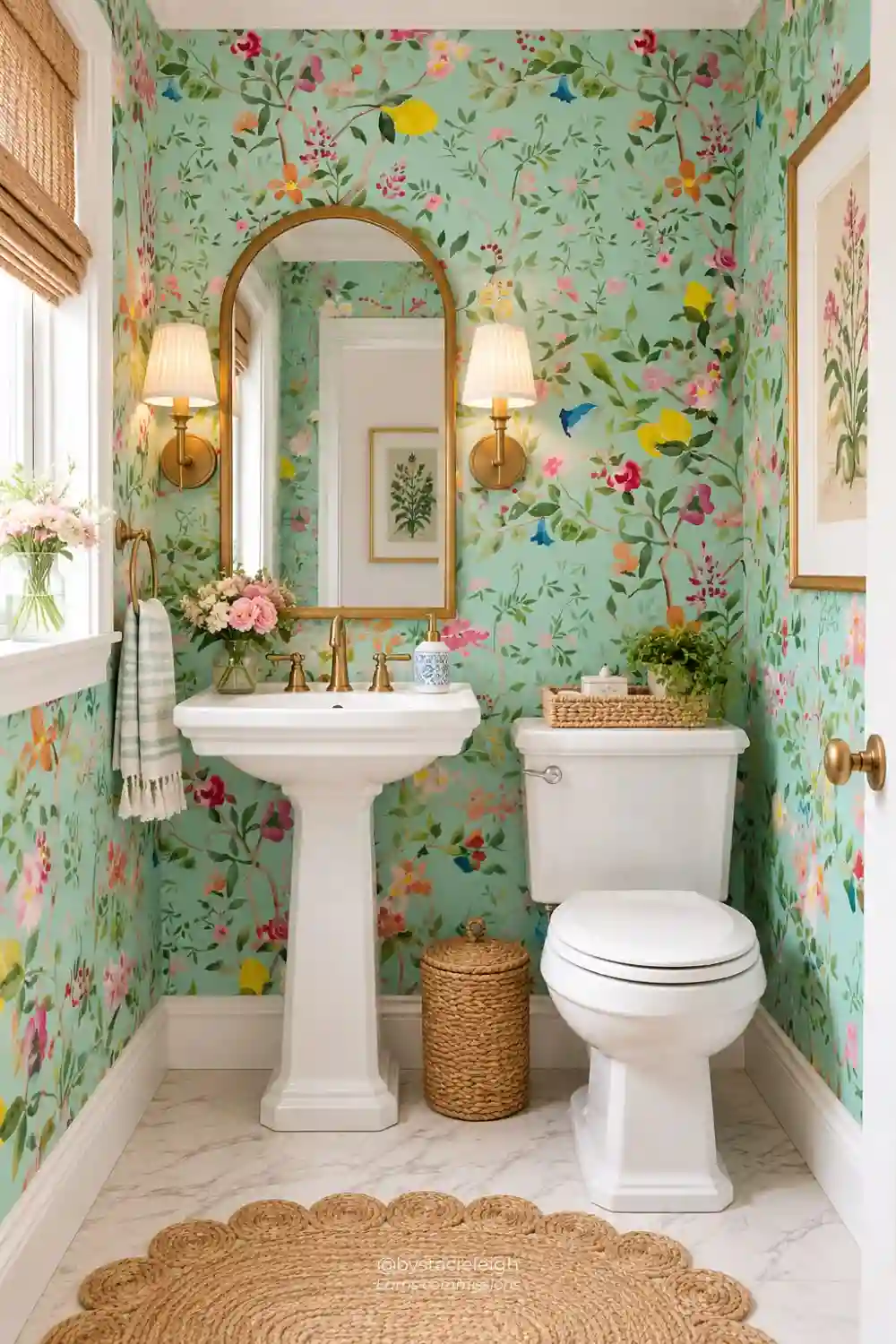 Powder room with colorful teal chinoiserie wallpaper featuring birds, butterflies and botanical branches.
