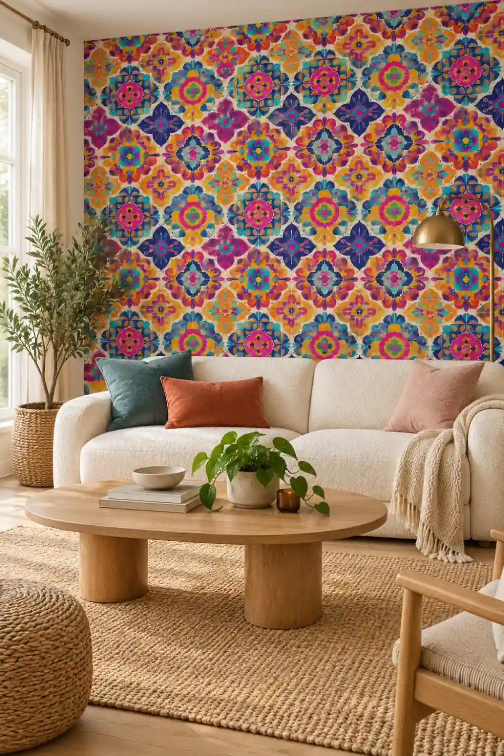 Bright living room with colorful Moroccan-style medallion wallpaper, a cream sofa, light wood coffee table and natural woven rug.
