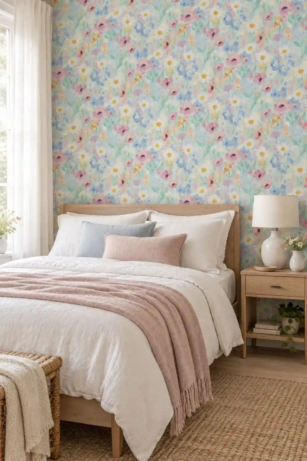 Dreamy bedroom with pastel-blue watercolor floral wallpaper, light wood furniture, white bedding and soft blush accents.